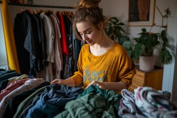 Fototapeta premium Woman selects outfits in her cozy home while preparing for a special event, engaging in personal fashion choices and organization