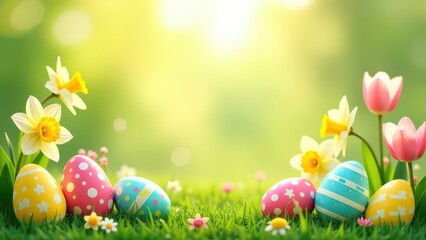 Easter background, include colorful decorated Easter eggs, spring flowers (tulips and daffodils), copy space in the middle, horizontal