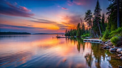 Obraz premium Serene Sunset Over Still Lake with Pine Trees
