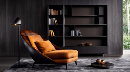 Modern living room interior with an orange armchair and a black bookshelf, the room is decorated in a minimalist style.