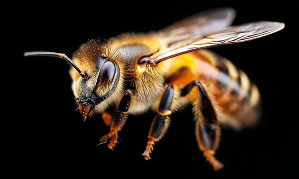 A close-up image of a bee in flight, showcasing its detailed features and vibrant colors.