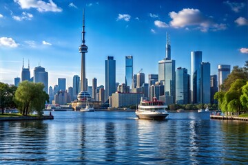 Obraz premium Cityscape with Tower, Ferry, and Skyscrapers
