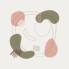 An original composition of circles and lines. Soft shapes and lines in calm natural shades of green and pink, creating a harmonious composition for the interior.