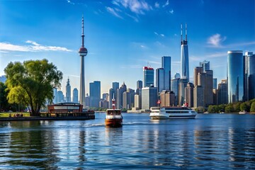 Fototapeta premium Cityscape with Tower, Boats, and Blue Sky