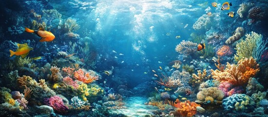 Vibrant coral reef with colorful fish swimming in clear blue water with sunbeams breaking through the surface.