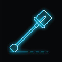 Blue neon shovel digging a hole with a dashed line on black background, perfect for construction, building or tool concepts