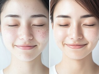 スキンケアの変革：フェイシャルトリートメントのコンセプトの前後の分割画面