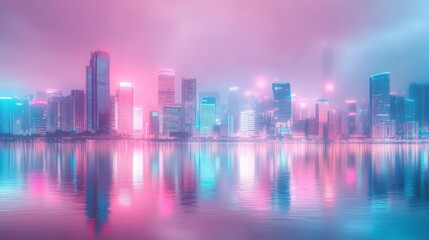 Fototapeta premium A city skyline at night with neon lights reflecting in the water.