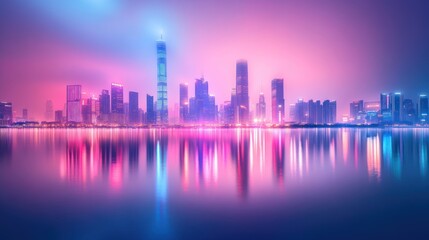 Fototapeta premium A vibrant cityscape skyline with colorful lights reflecting in the water at dusk.