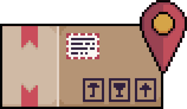 Pixel art box with a GPS location pin, parcel icon with location pin in 8 bit style on white background