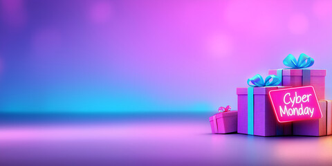 Cyber Monday neon text with gift boxes on colorful background representing holiday sales, online shopping deals, e-commerce discounts, gift ideas, consumer savings, and seasonal shopping excitement.