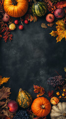 Happy Thanksgiving banner with pumpkins and autumn leaves vertical frame for instastory, reel or tiktok background