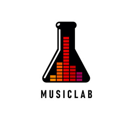 Music lab icon of sound equalizer in research laboratory glass flask, vector science and art. Music record studio symbol, podcast or media app button with color digital sound wave and laboratory flask