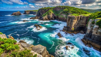 Obraz premium Ocean Waves Crashing on Rugged Coastline Cliffs