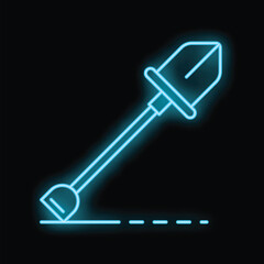 Neon shovel digging a hole in the ground, simple gardening tool icon