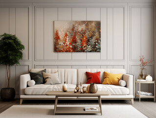 Colorful modern living room with wood panneling and christmas decor. Christmas living room accent color decorations. Festive season interior. Holiday interior with accent color.