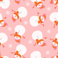 Merry Christmas and happy new year pattern with cute snowman in winter costume. Holiday cartoon and character  in scarf and hat flat style on pink background. Print, wrapping paper, wallpaper, card