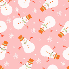 Merry Christmas and happy new year pattern with cute snowman in winter costume. Holiday cartoon and character  in scarf and hat flat style on pink background. Print, wrapping paper, wallpaper, card
