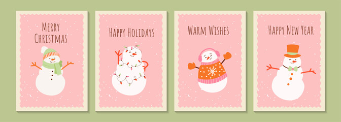 Merry Christmas and happy new year greeting card with cute snowman in winter costume. Holiday cartoon and character  in scarf and hat flat style on pink background. Print, wrapping paper, wallpaper