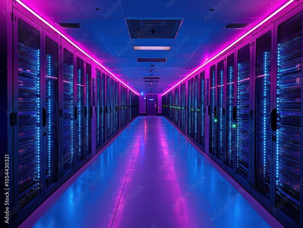 Poster Server room with rows of racks illuminated by colorful LED lights
