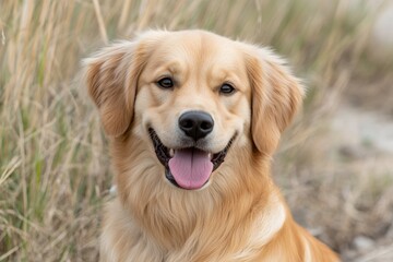 Happy golden retriever enjoying a sunny day in a grassy field