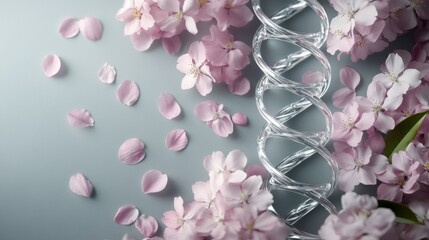Obraz premium 自然と生物学をテーマにした、DNAらせんと桜を使った春の花と遺伝子科学のコンセプト