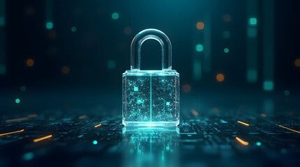 Cyber security and information protection concept. Glowing padlock on dark digital background.