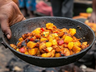 Shrimp and vegetable stir-fry cooked in a traditional pan outdoors