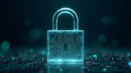 Cyber security and information protection concept. Glowing padlock on dark digital background.