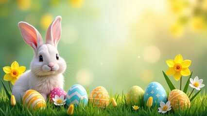 Fototapeta premium Easter background, include colorful decorated Easter eggs, spring flowers (tulips and daffodils), bunny. copy space in the middle, horizontal