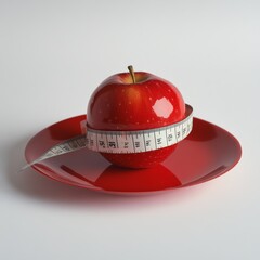 A red apple sits on a red plate, wrapped with a measuring tape. The background is plain white.