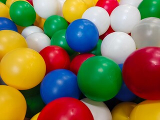 Multicolored plastic balls for dry children's pool, close up
