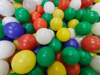 Multicolored plastic balls for dry children's pool, close up