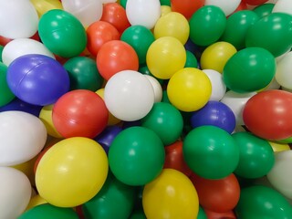 Multicolored plastic balls for dry children's pool, close up