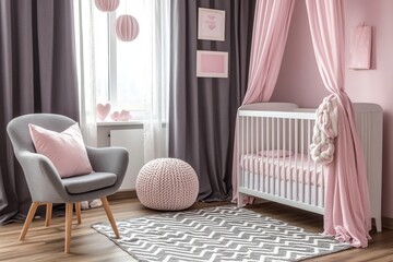 Soft pink nursery with a cozy reading nook light curtains and elegant crib creating a gentle inviting space for family bonding baby care and relaxation