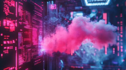 Fototapeta premium A cloud of pink smoke billows out of a futuristic server room, glowing with neon lights.