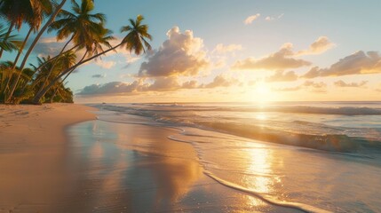 Tropical beach at sunrise, palm trees and soft sand