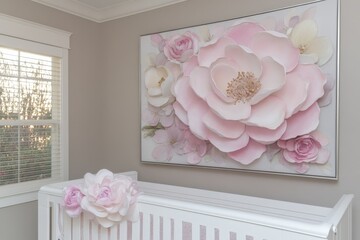 Large floral wall art with soft pastel tones adding elegance and a touch of nature to living room or bedroom decor perfect for family oriented serene spaces