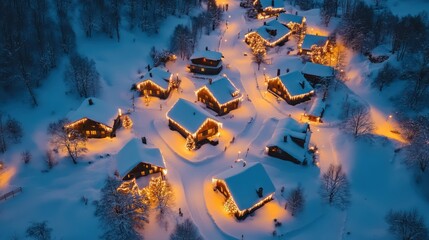 Aerial view of a small village with homes glowing in Christmas lights, snow-capped roofs and winding paths covered in snow.