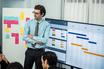 Project manager planning schedules for business task at meeting room, Gantt chart software show on TV screen. Multi ethnic diversity business people and modern business project management. Meticulous