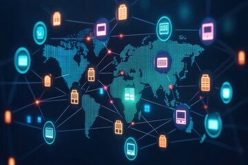 Fototapeta premium Digital globe with network icons representing global connectivity.