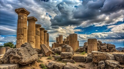 Fototapeta premium Ancient Greek Temple Ruins Under Cloudy Skies