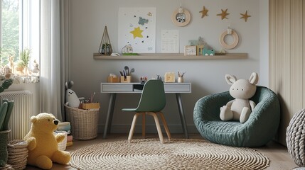 Kida??s room with round shelf, gray desk, green armchair, braided rug, plush toys, and personal accessories