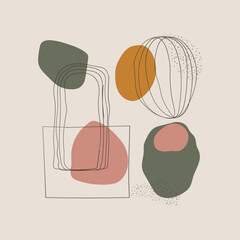 A composition of smooth lines and spots in shades of orange and green. Abstract elements create an atmosphere of coziness and harmony.