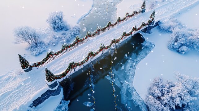 Aerial view of a snow-covered bridge adorned with Christmas garlands, crossing a frozen river. - Powered by Adobe