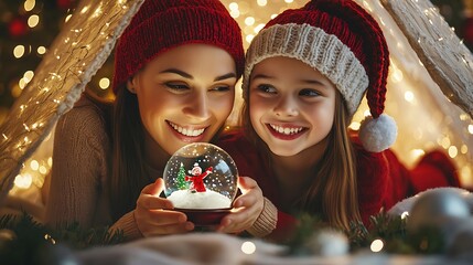A Caucasian mother and daughter holding a snow globe while lying under a blanket fort during Christmas.