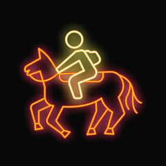 Neon sign depicting a person with a backpack riding a horse, glowing brightly against a dark background