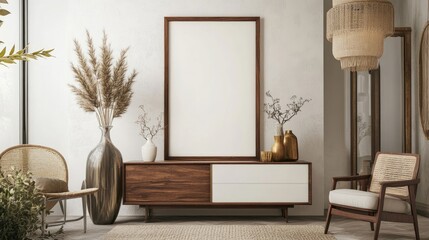 Stylish composition of living room with brown wooden mock-up poster frame on the white commode, design vases with flowers, and elegant personal accessories. Modern grunge wall home decor template