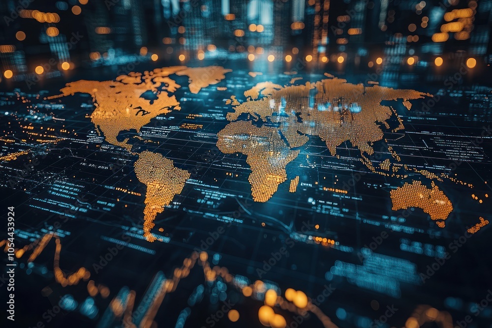 Poster A Digital World Map with Illuminated Continents