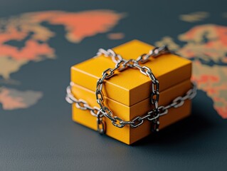 Locked boxes with chains on a world map background, symbolizing security and protection.
